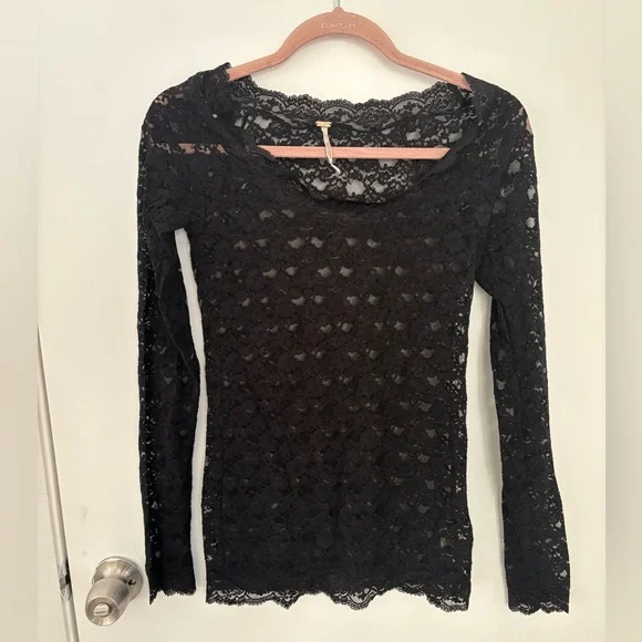Free People Womens Black Lace Top Long Sleeve Sheer Layering Small NWOT - Picture 1 of 14
